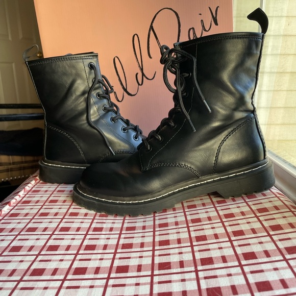 Wild Pair Shoes - Wild Pair Black Faux Leather “Ryyder” Lace-Up Lug Sole Motorcycle Combat Booties